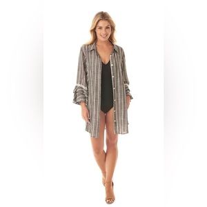 Take Cover by Penbrooke,Grey/Pinstripe,Ruffle Sleeve,Button Front,Cover Up,M,NWT